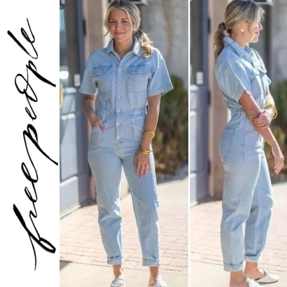 We The Free People Marci Denim Jean Jumpsuit in Clear Skies M Light Wash Utility - Picture 4 of 16